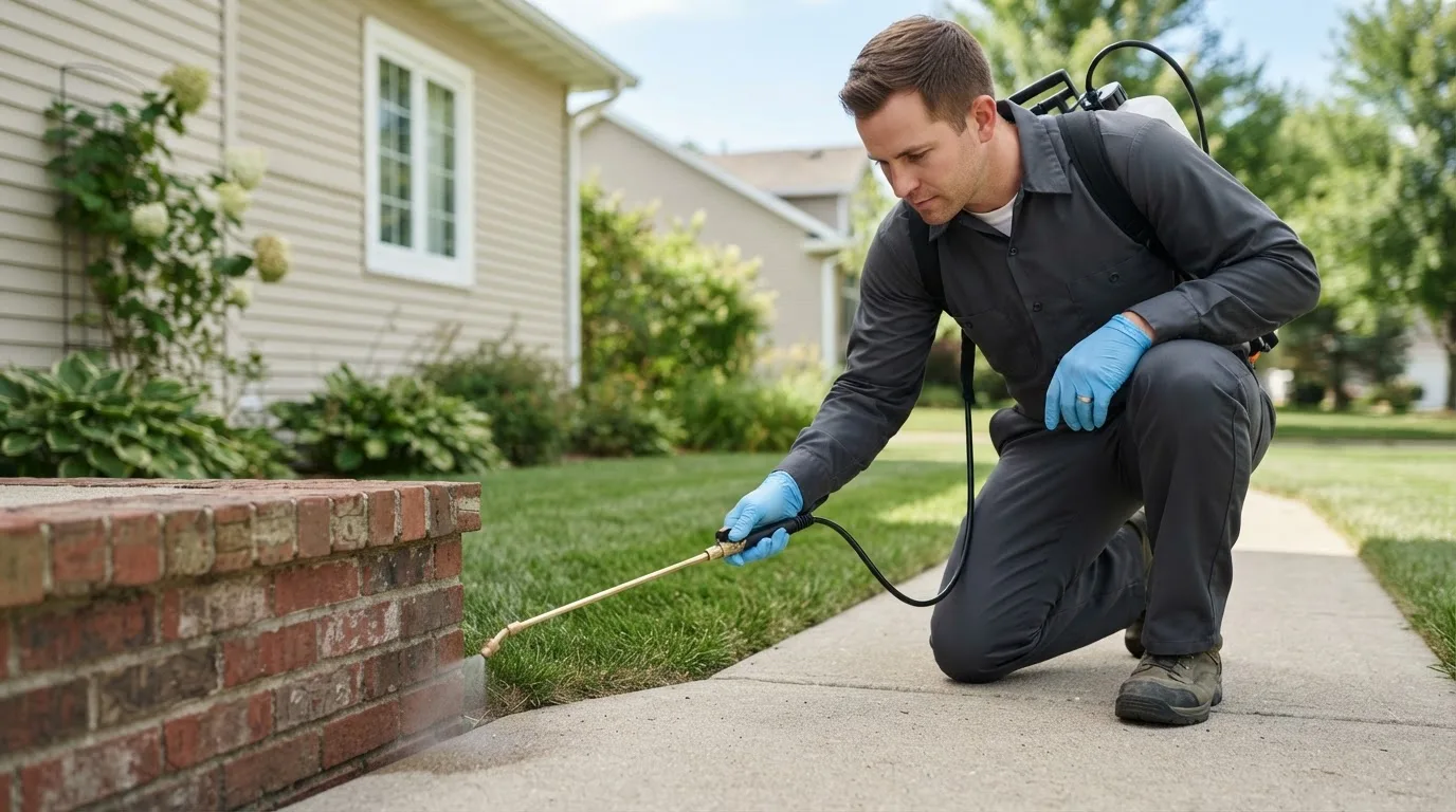 Pest control technician treating a home near Goshen, AL